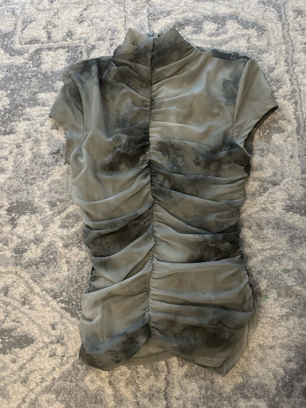 Zara xs Ruched Short Sleeve Sheer Top in Olive Green